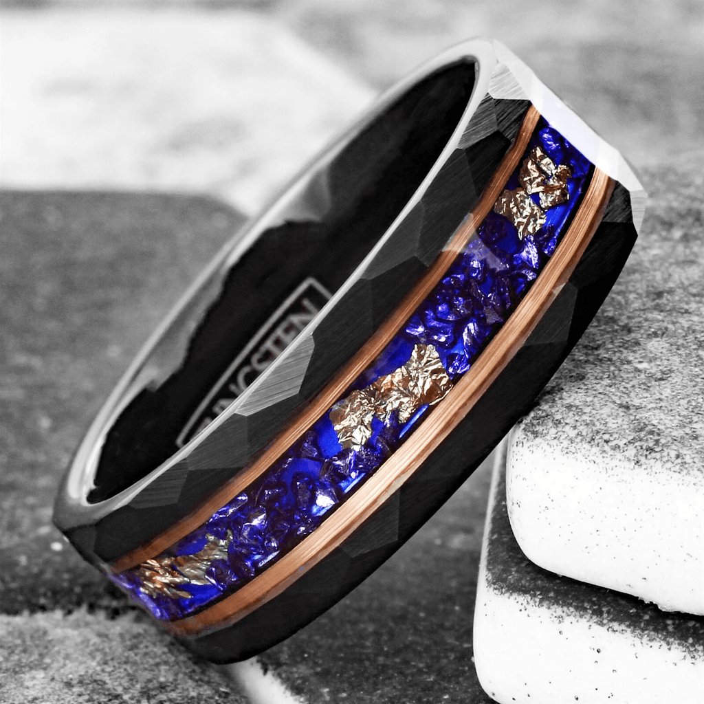 Black Tungsten Carbide Wedding Band Ring for Men & Women – Blue Opal & 24K Gold Leaf Inlay Design - Jewelry Store by Erik Rayo