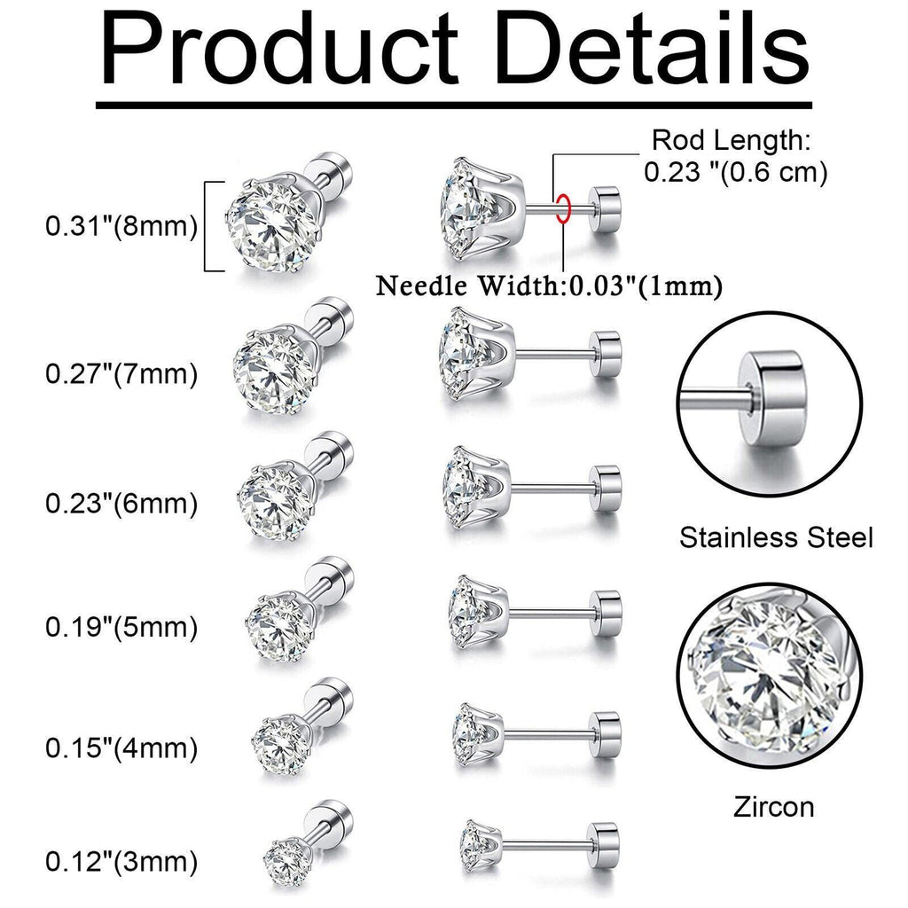 Stud Earrings with Flatback 6 Pair Stainless Steel Round Cubic Zirconia for Men Women Children and Babies - Jewelry Store by Erik Rayo