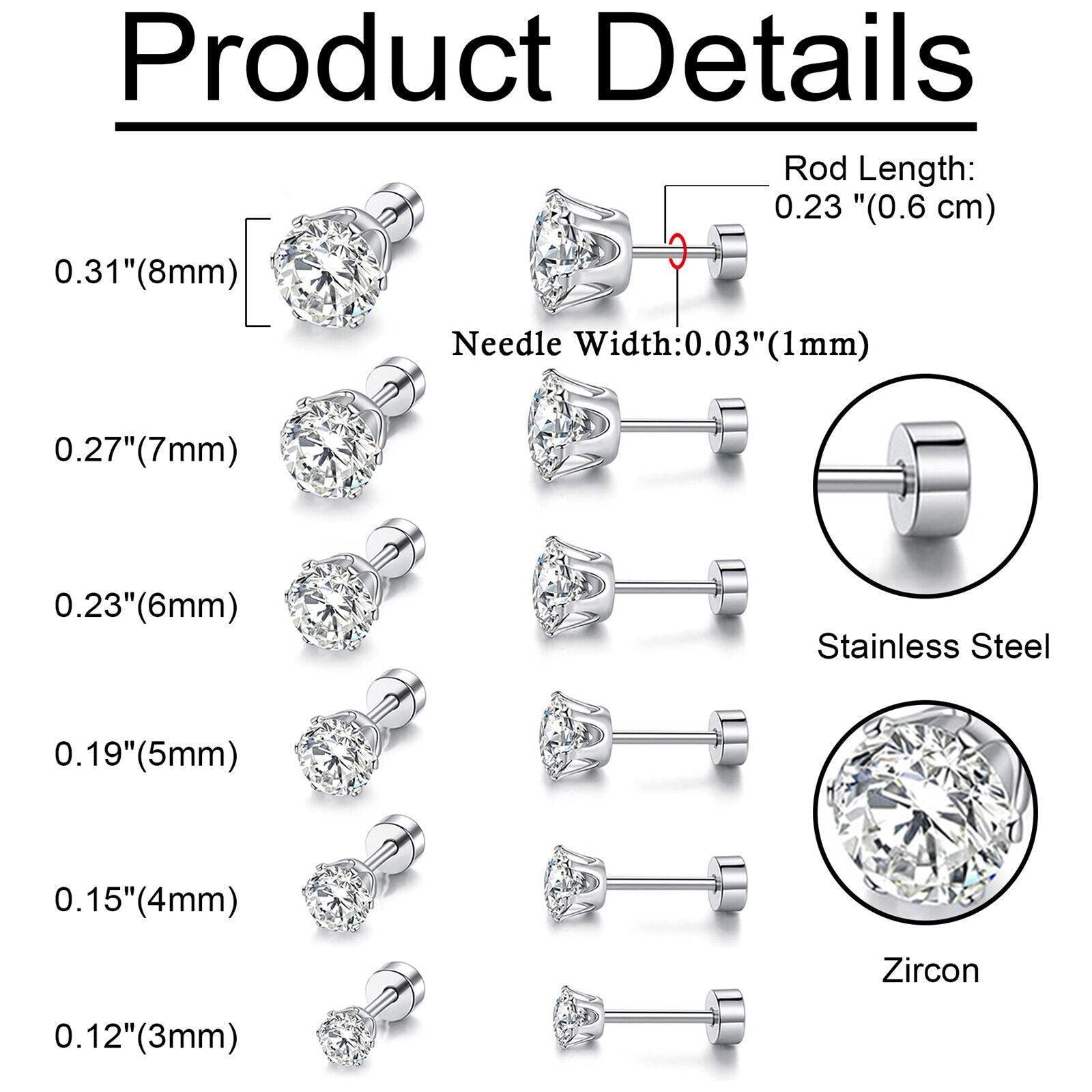 Stud Earrings with Flatback 6 Pair Stainless Steel Round Cubic Zirconia for Men Women Children and Babies - Jewelry Store by Erik Rayo