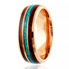 Load image into Gallery viewer, Rose Gold Wedding Band Ring for Men and Women Tungsten Carbide Blue Teal Opal with Wood Stripe Engagement Ring
