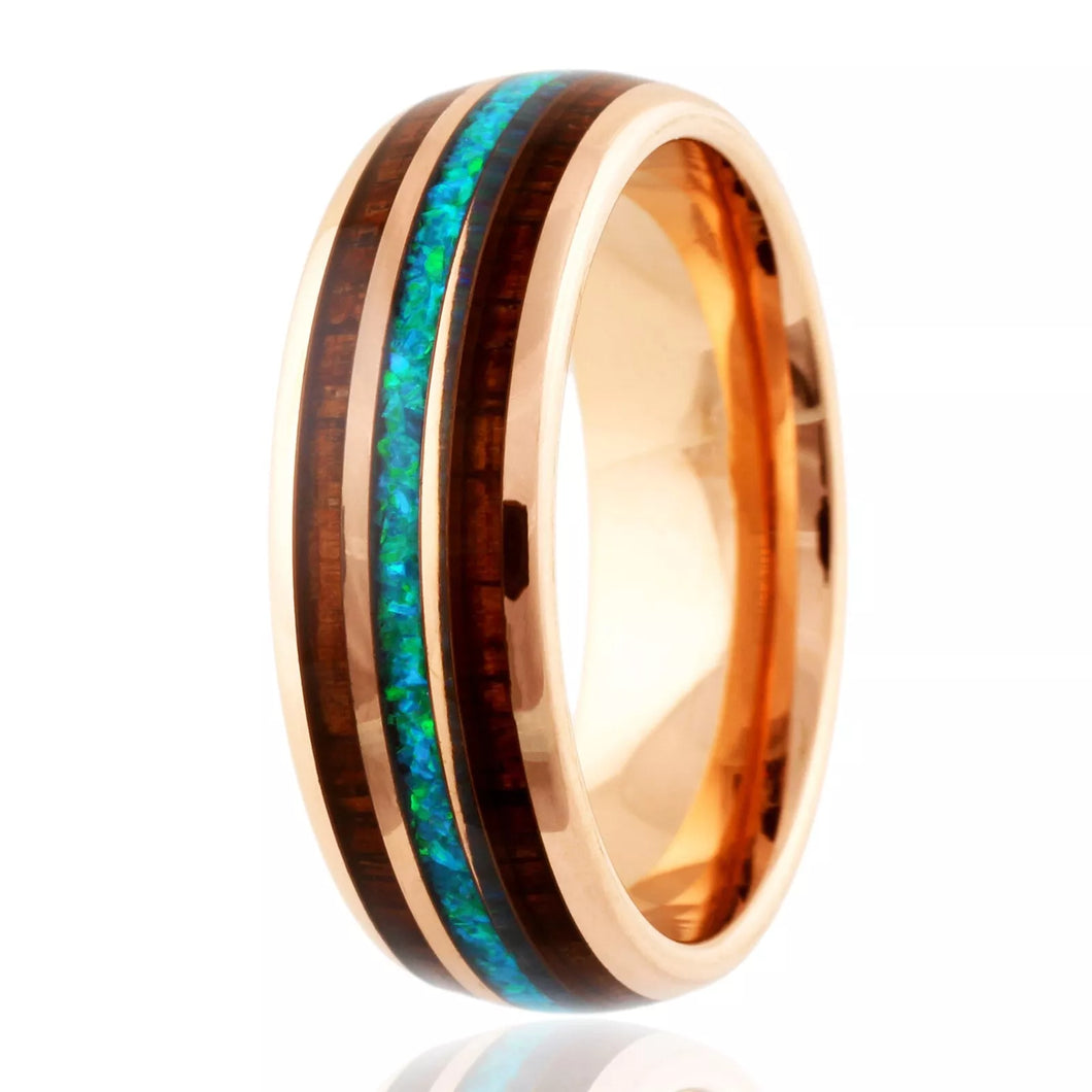 Rose Gold Wedding Band Ring for Men and Women Tungsten Carbide Blue Teal Opal with Wood Stripe Engagement Ring