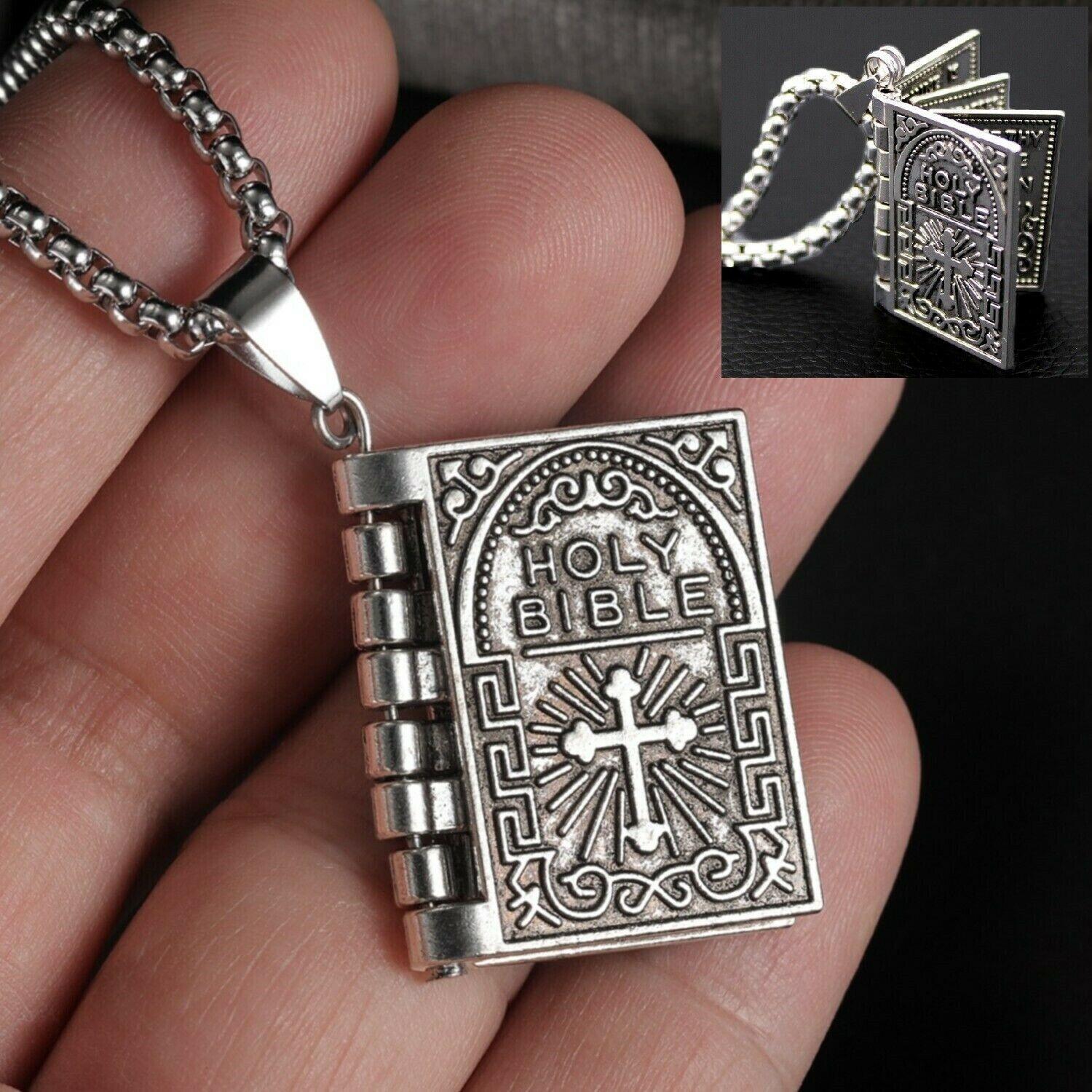 Silver Holy Bible Necklace Lords Prayer Four Openable Pages - Jewelry Store by Erik Rayo