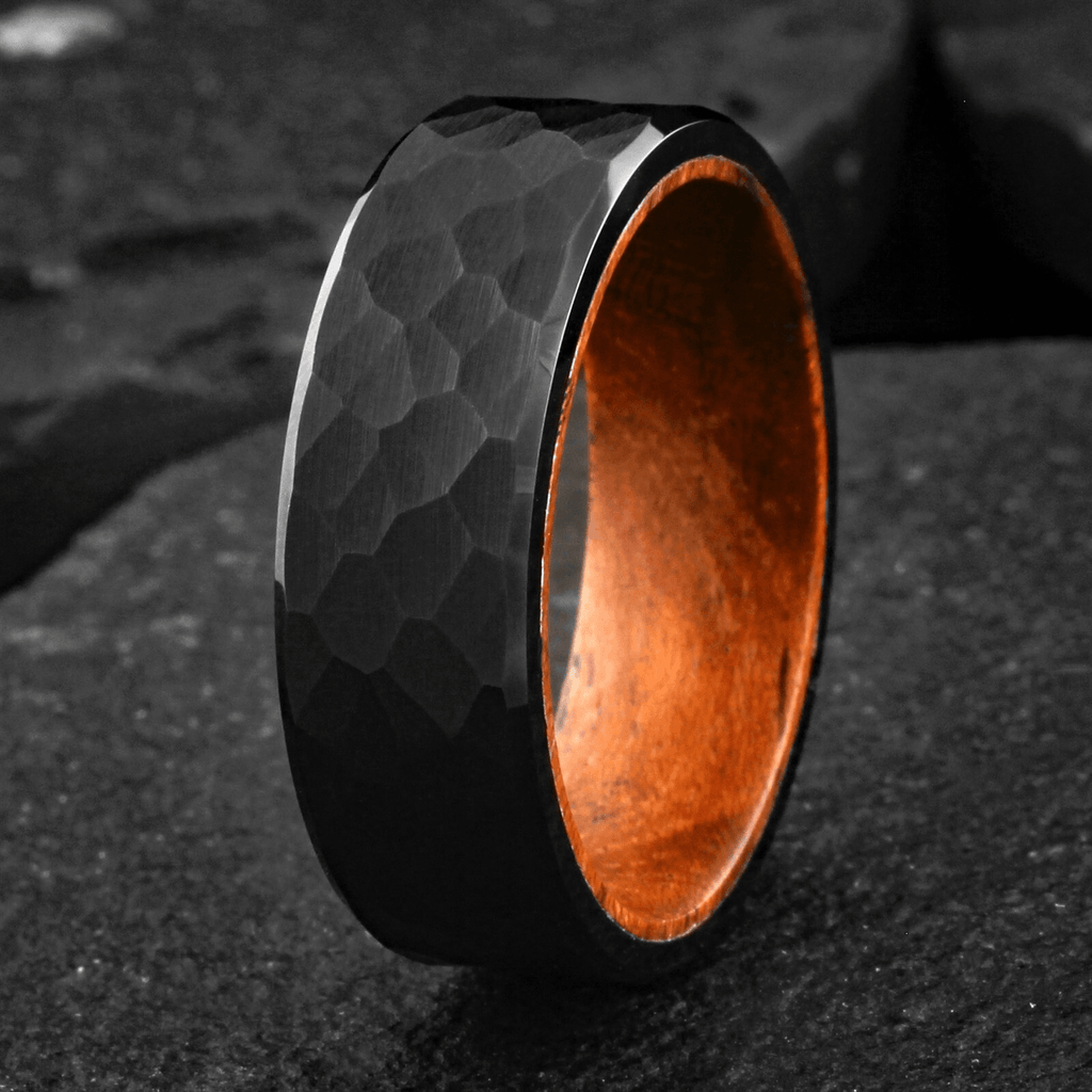 Wedding Band Ring Black Brushed Hammered Tungsten Carbide Ring with Rosewood - Jewelry Store by Erik Rayo