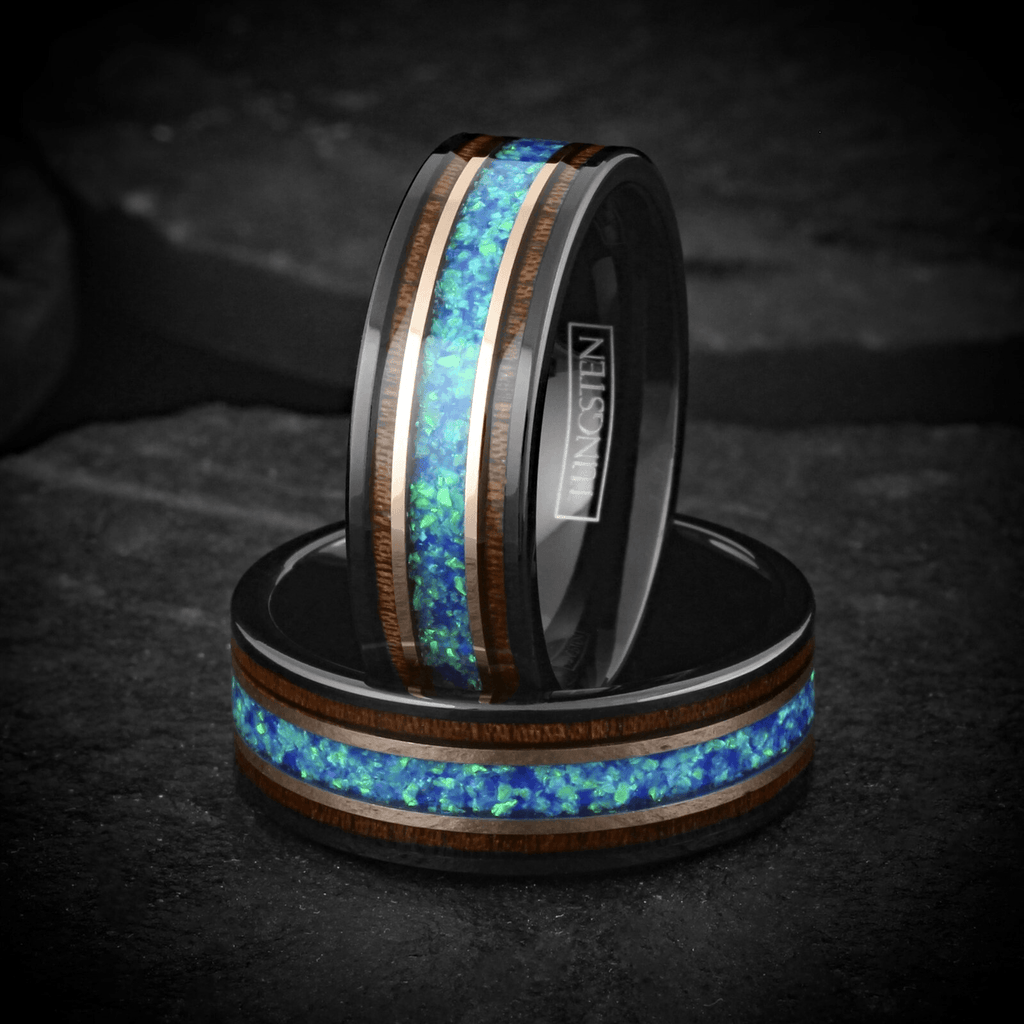 Black Rose Gold Wedding Band Ring for Men Tungsten Carbide Blue Teal Opal Rosewood Wedding Ring - Jewelry Store by Erik Rayo