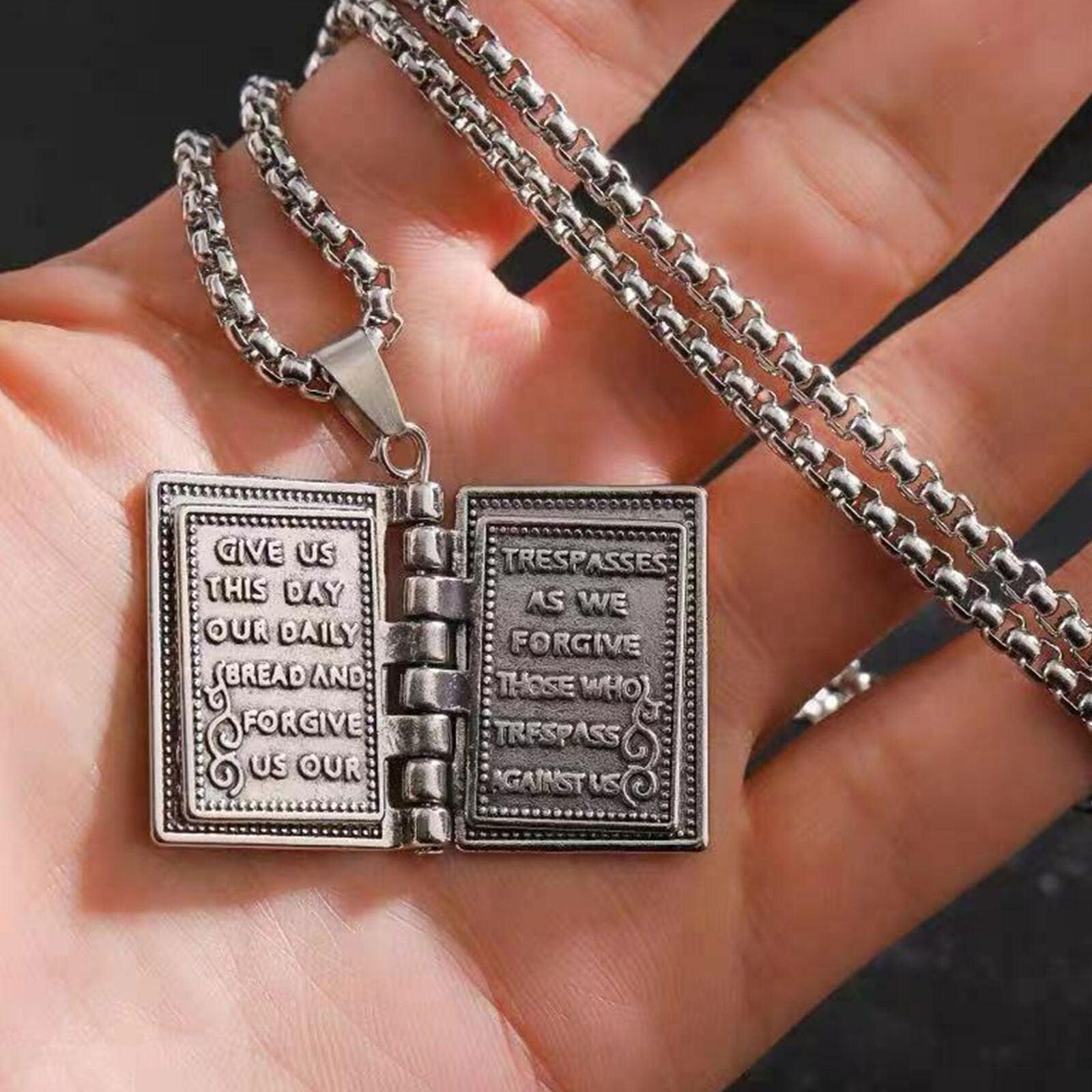 Silver Holy Bible Necklace Lords Prayer Four Openable Pages - Jewelry Store by Erik Rayo
