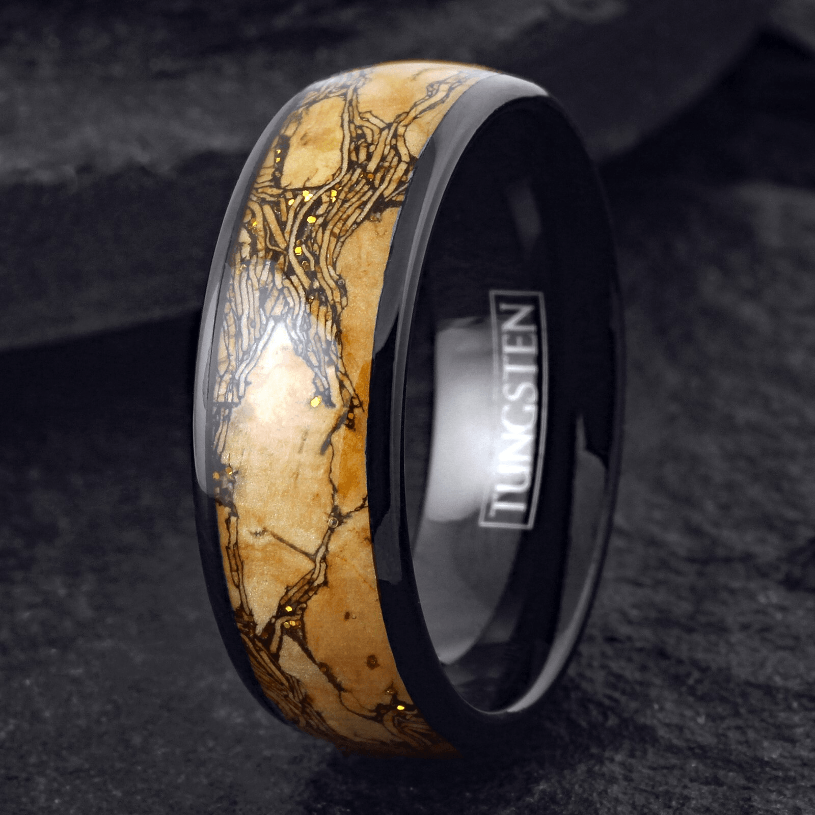 Tan Wood Wedding Band Ring for Men Black Tungsten Carbide with Black Grain - Jewelry Store by Erik Rayo
