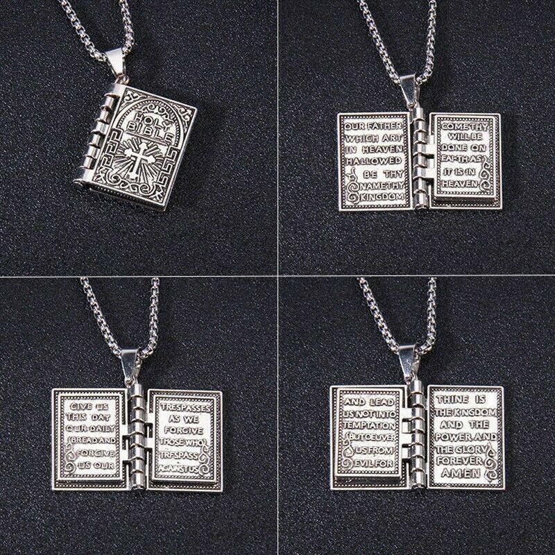Silver Holy Bible Necklace Lords Prayer Four Openable Pages - Jewelry Store by Erik Rayo