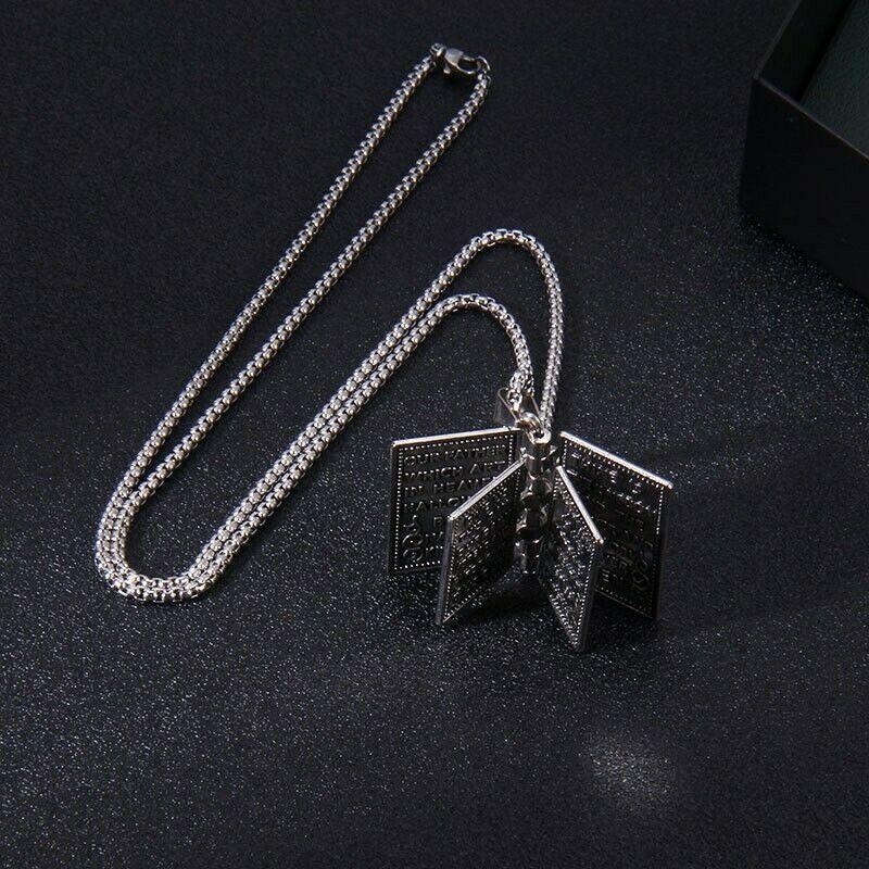 Silver Holy Bible Necklace Lords Prayer Four Openable Pages - Jewelry Store by Erik Rayo