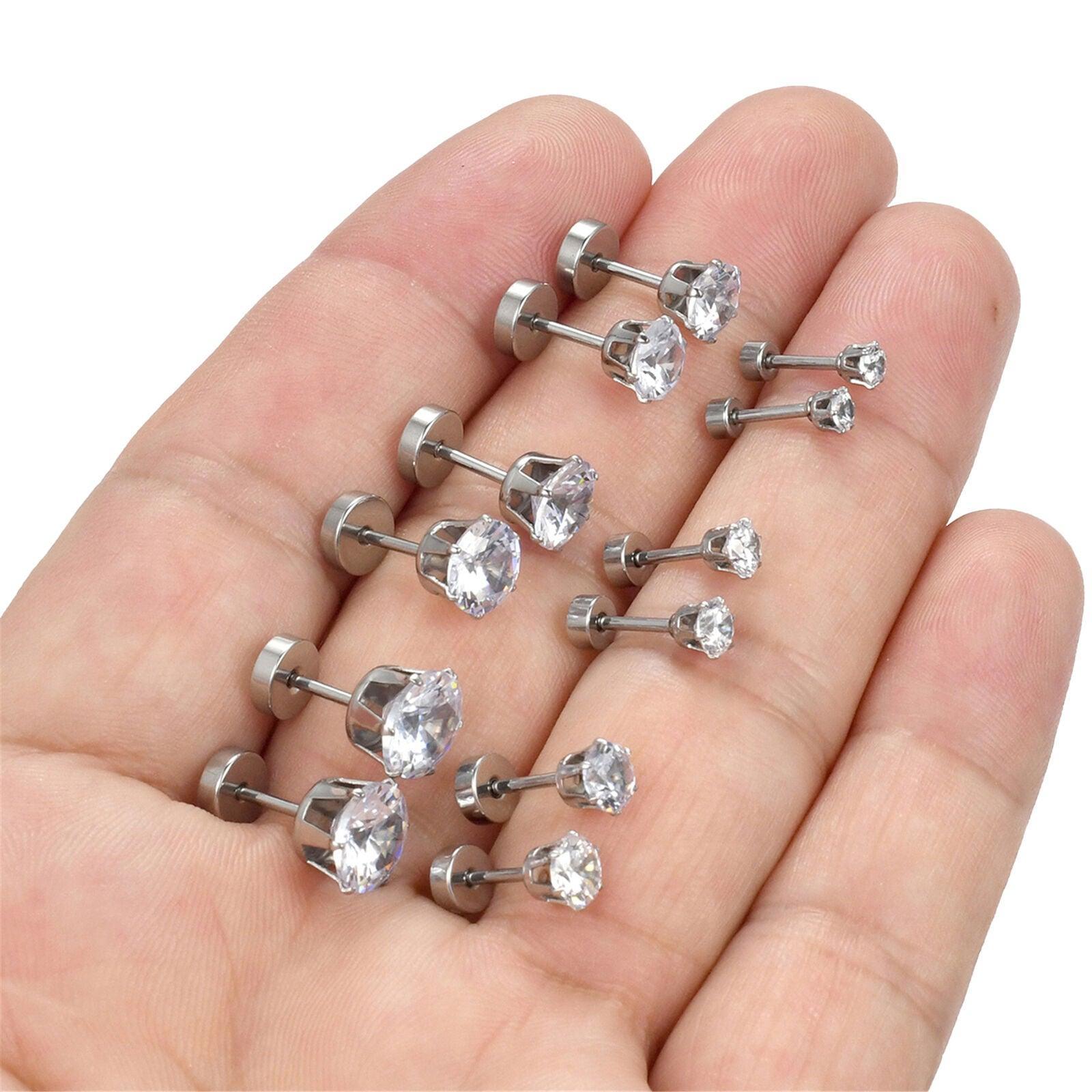 Stud Earrings with Flatback 6 Pair Stainless Steel Round Cubic Zirconia for Men Women Children and Babies - Jewelry Store by Erik Rayo
