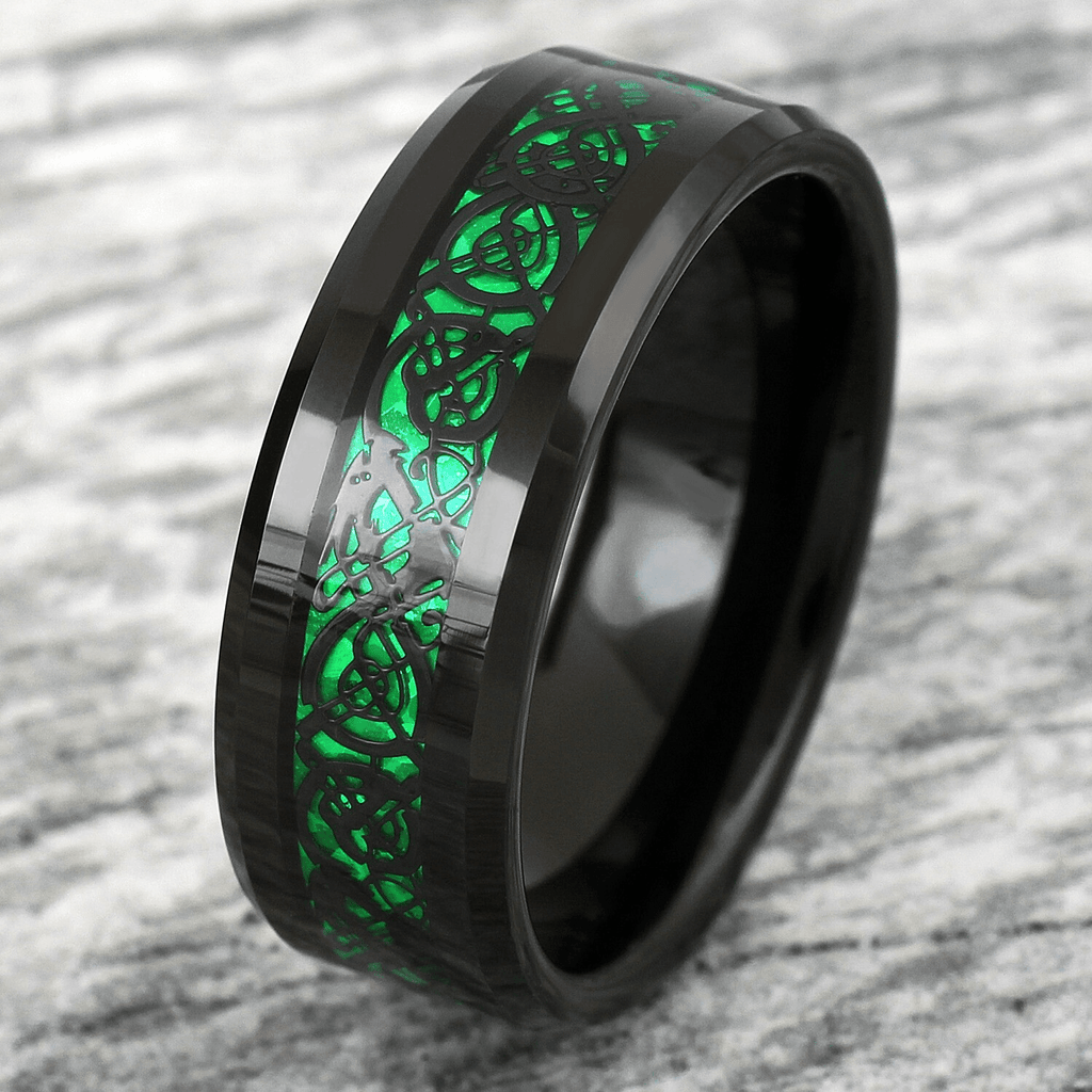 Unique Black Tungsten Carbide Wedding Band Ring for Men & Women – Green Celtic Dragon Design - Jewelry Store by Erik Rayo