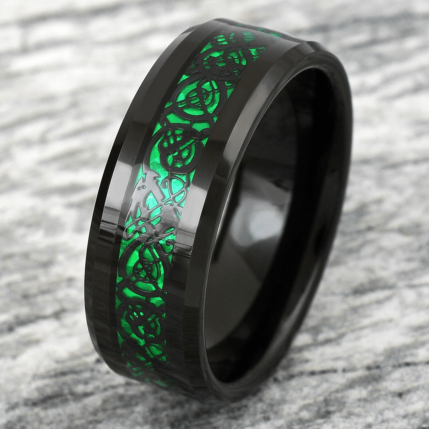 Unique Black Tungsten Carbide Wedding Band Ring for Men & Women – Green Celtic Dragon Design - Jewelry Store by Erik Rayo