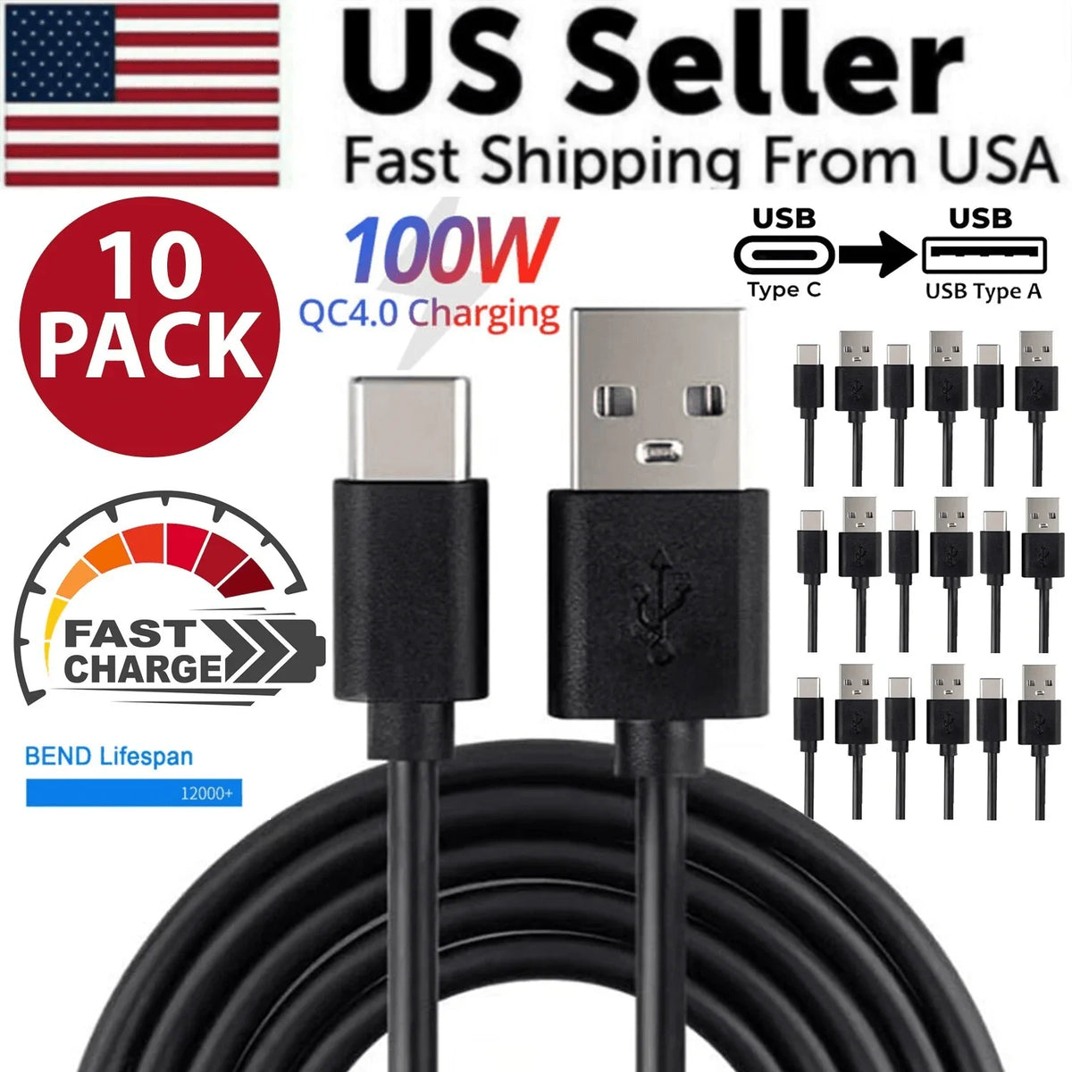 10x Type C to USB-A Fast Charge Cable Cord Charging Quick Charger Bulk Wholesale - Jewelry Store by Erik Rayo