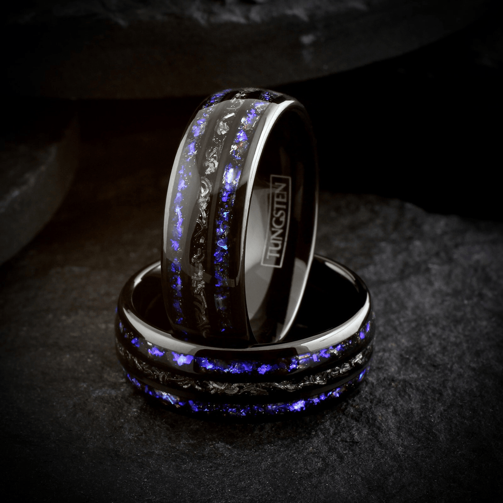 Unique Black Meteorite Tungsten Carbide Wedding Band Ring for Men & Women – Blue Sandstone & Meteorite Space Galaxy Design - Jewelry Store by Erik Rayo