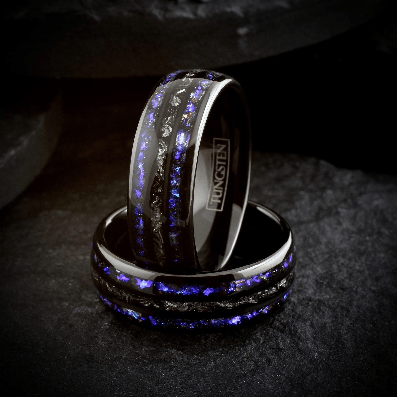 Unique Black Meteorite Tungsten Carbide Wedding Band Ring for Men & Women – Blue Sandstone & Meteorite Space Galaxy Design