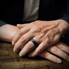 Load image into Gallery viewer, Blue Teal Opal Meteorite Wedding Band Ring for Men with Guitar String Black Rose Gold Tungsten Carbide
