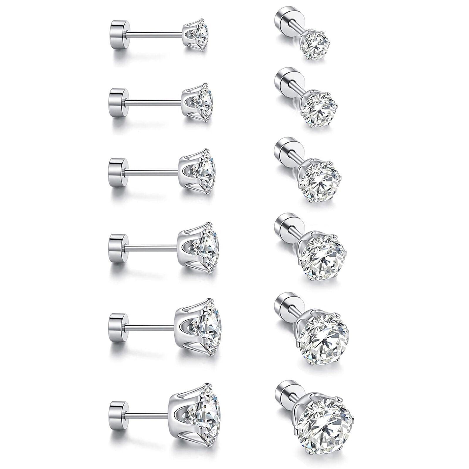 Stud Earrings with Flatback 6 Pair Stainless Steel Round Cubic Zirconia for Men Women Children and Babies - Jewelry Store by Erik Rayo