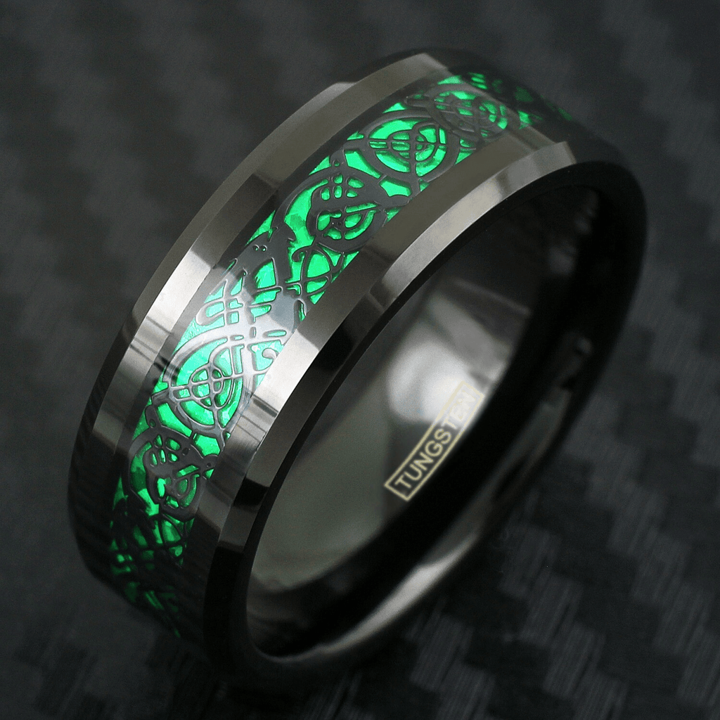 Unique Black Tungsten Carbide Wedding Band Ring for Men & Women – Green Celtic Dragon Design - Jewelry Store by Erik Rayo