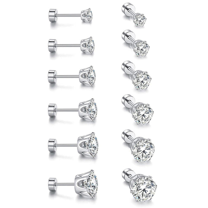 Stud Earrings with Flatback 6 Pair Stainless Steel Round Cubic Zirconia for Men Women Children and Babies - Jewelry Store by Erik Rayo