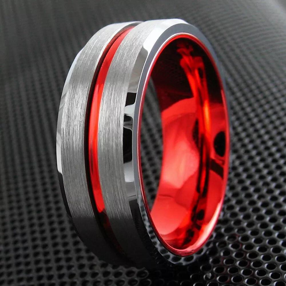 Wedding Band Ring for Men Tungsten Men's Red Line Brushed Silver - Jewelry Store by Erik Rayo