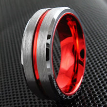 Load image into Gallery viewer, Wedding Band Ring for Men Tungsten Men&#39;s Red Line Brushed Silver
