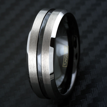 Load image into Gallery viewer, Silver Black Tungsten Carbide Wedding Band Ring for Men &amp; Women – Brushed Black Stripe Design
