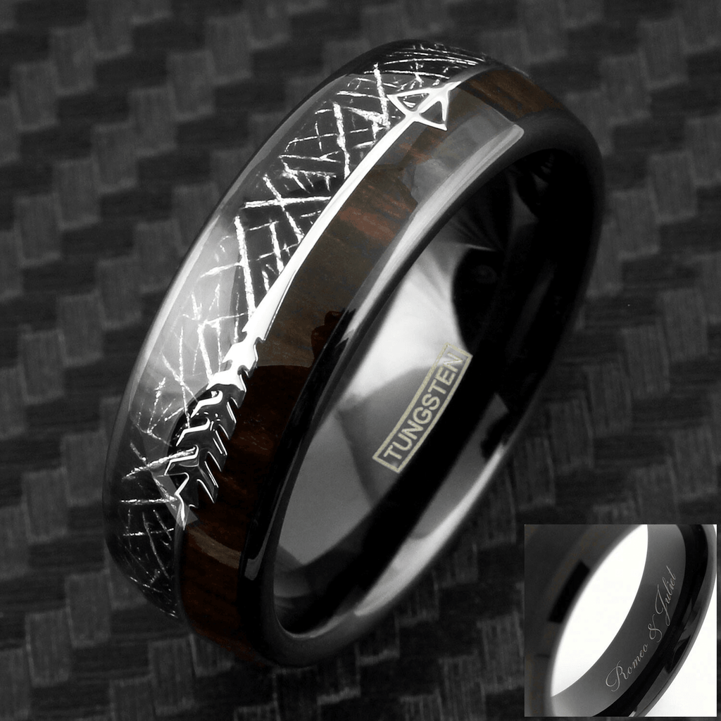 Black Meteorite Wedding Band Ring for Men Tungsten Koa Wood and Arrow - Jewelry Store by Erik Rayo