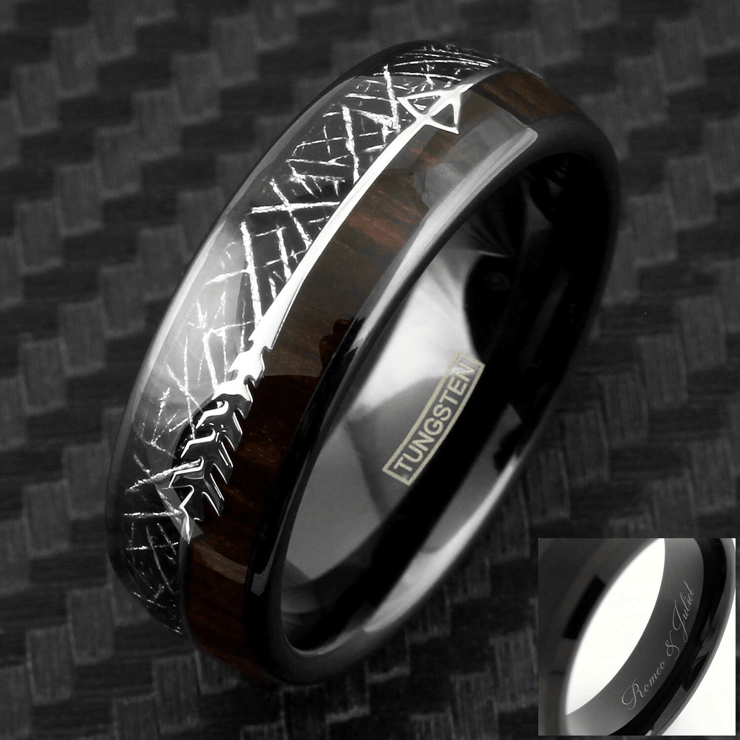 Black Meteorite Wedding Band Ring for Men Tungsten Koa Wood and Arrow