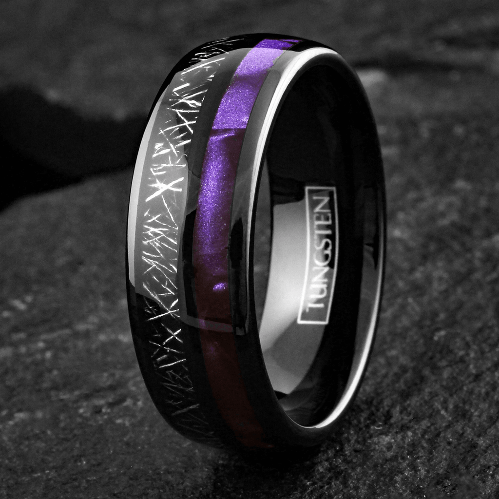 Wedding Band Ring Black Tungsten Carbide Purple Shell with Meteorite Stripe Ring for Men - Jewelry Store by Erik Rayo