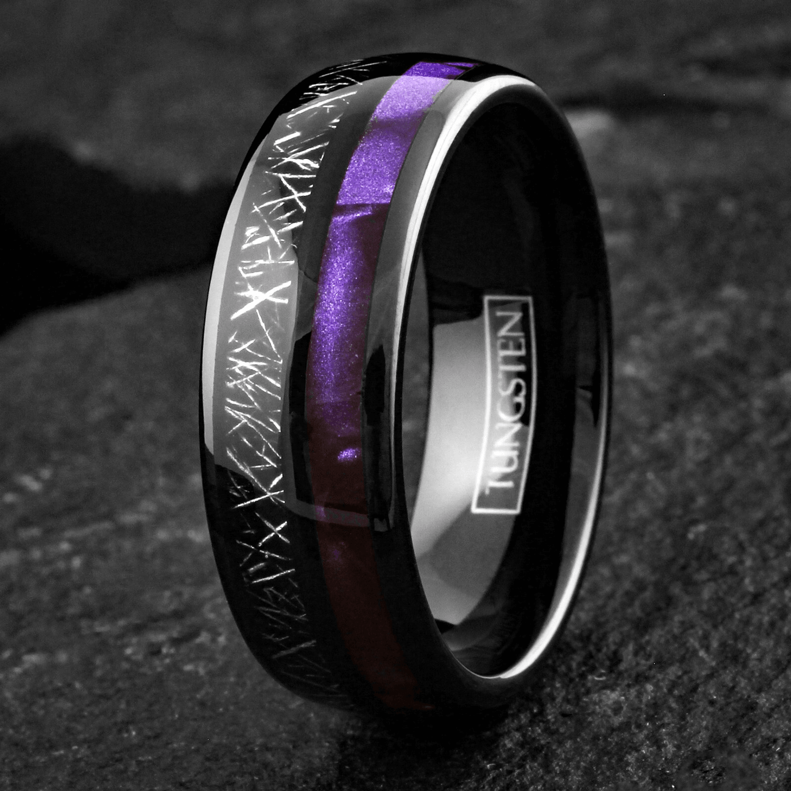 Wedding Band Ring Black Tungsten Carbide Purple Shell with Meteorite Stripe Ring for Men
