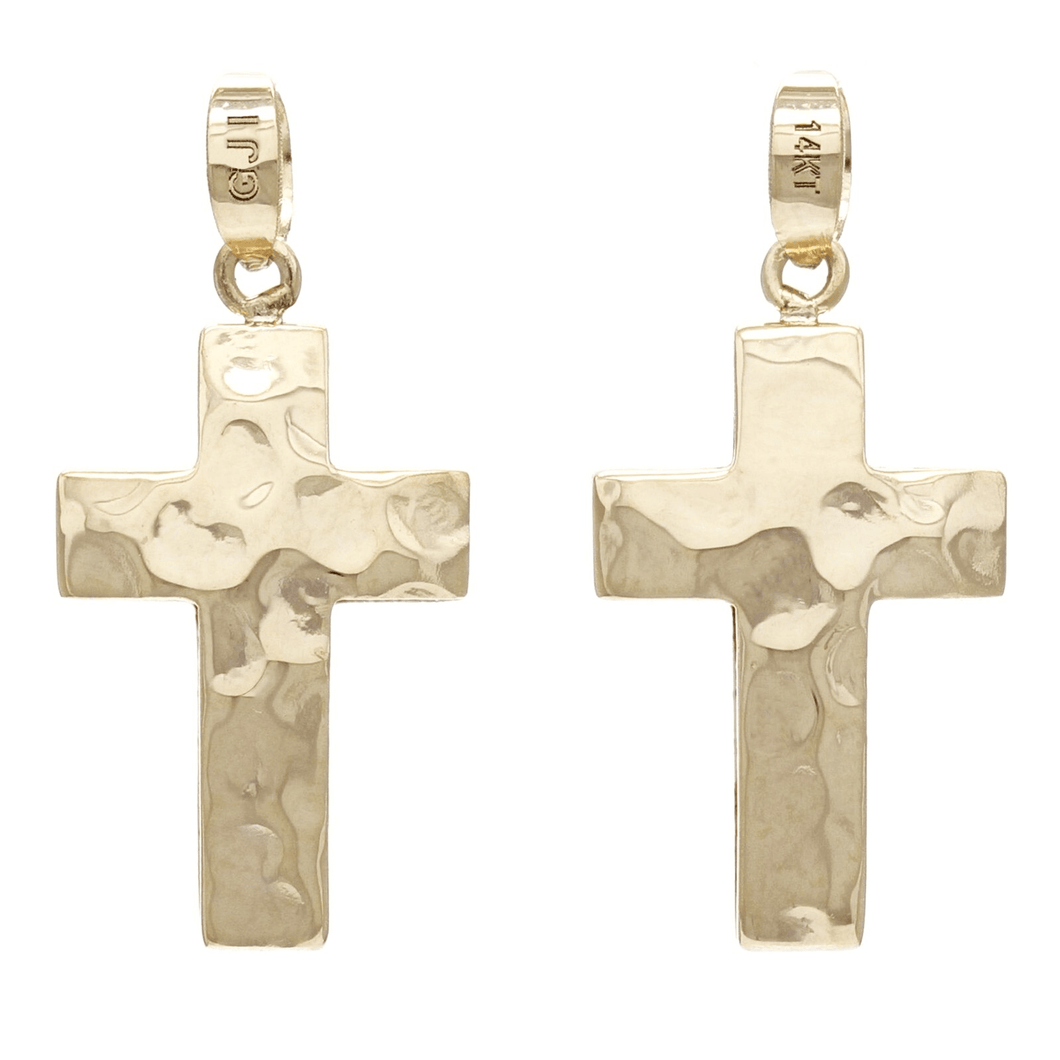 14k Yellow Gold Solid Hammered Metal: Texture Puffed Cross Charm Pendant 1.3grams