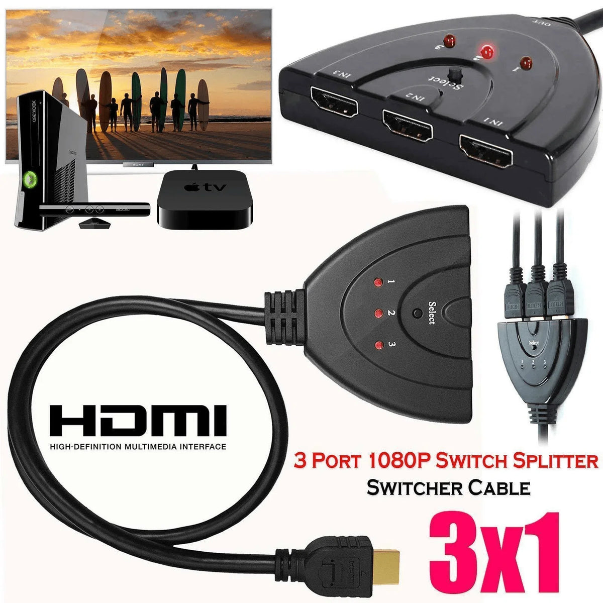 3 Port HDMI Splitter Cable 1080P Switch Switcher HUB Adapter for HDTV PS4 Xbox - Jewelry Store by Erik Rayo