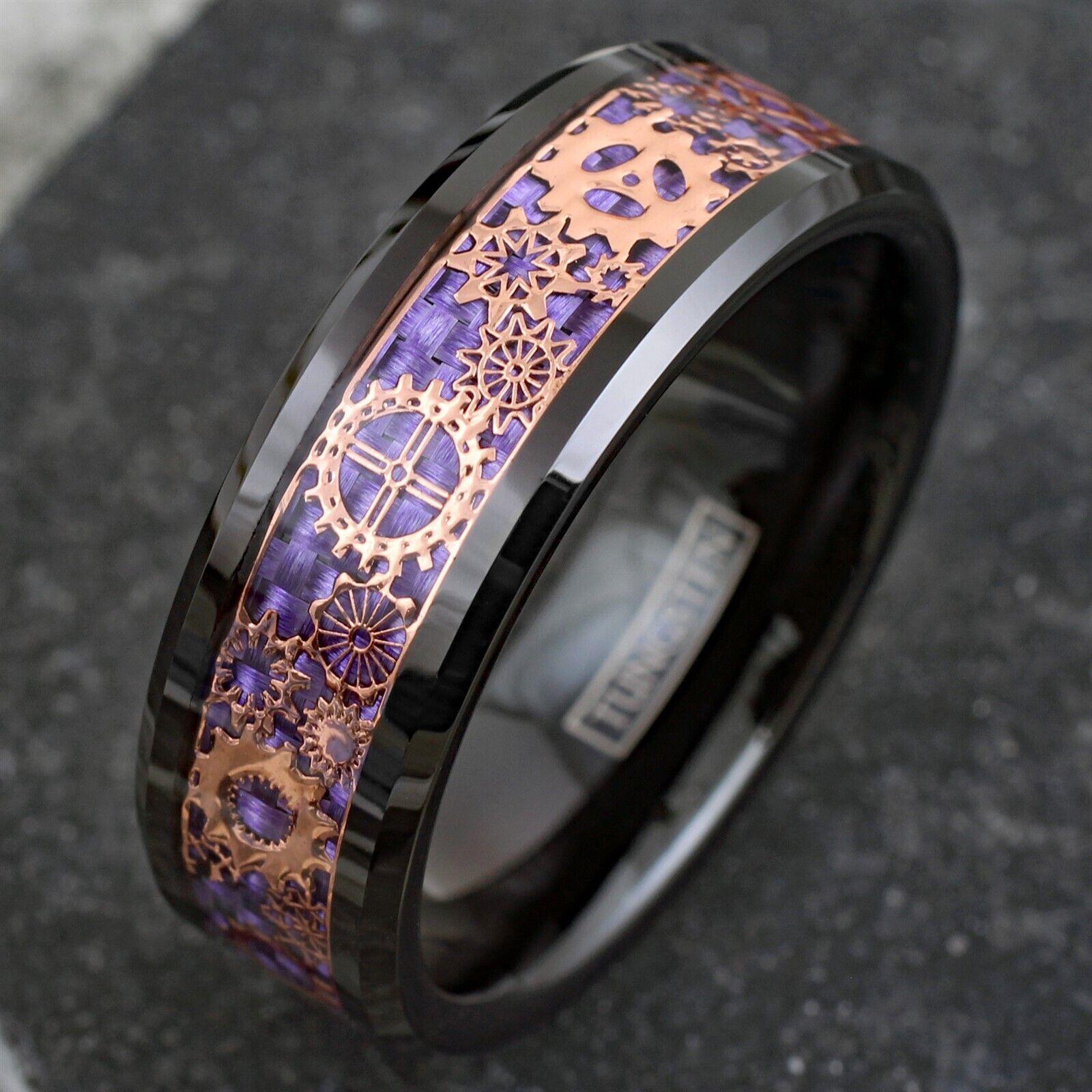 Men's Wedding Band Rings - Black Rose Gold Plated Steampunk Clockwork Gears Purple - Wedding Rings for Men and Women - Jewelry Store by Erik Rayo