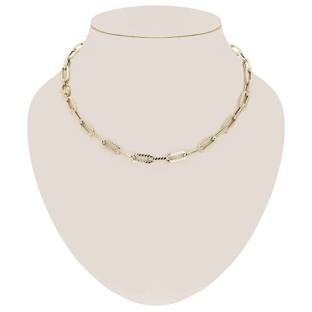 Italian 14k Yellow Gold Hollow Textured Paper Clip Link Necklace 17.8" 6.6mm - Jewelry Store by Erik Rayo