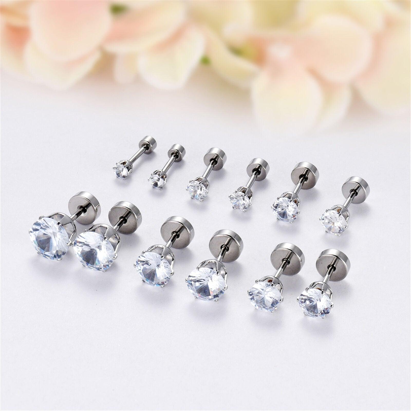 Stud Earrings with Flatback 6 Pair Stainless Steel Round Cubic Zirconia for Men Women Children and Babies - Jewelry Store by Erik Rayo