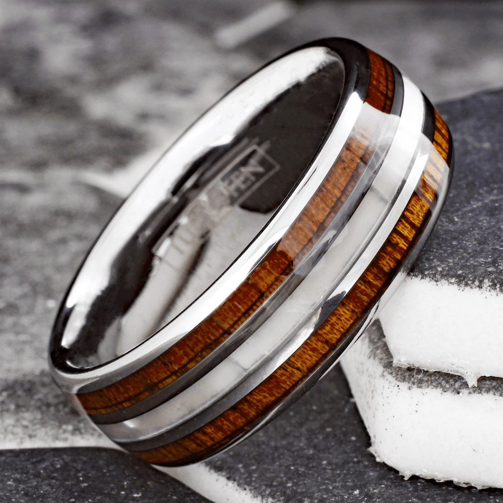 Wedding Band Ring for Men and Women Silver Tungsten Carbide Mother of Pearl & Koa Wood Stripe - Jewelry Store by Erik Rayo