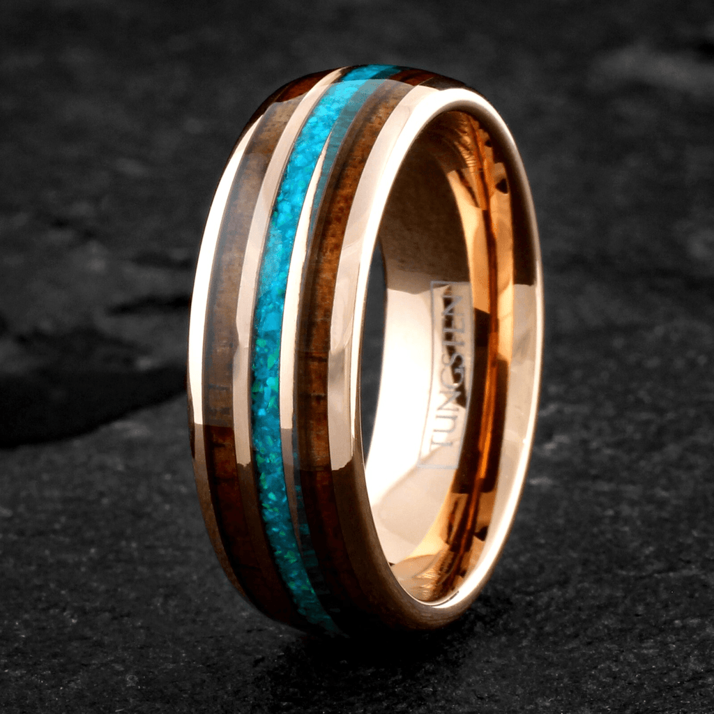 Rose Gold Wedding Band Ring for Men and Women Tungsten Carbide Blue Teal Opal with Wood Stripe Engagement Ring - Jewelry Store by Erik Rayo
