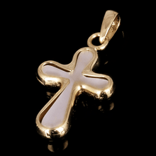 Load image into Gallery viewer, Italian 14k Yellow Gold Mother of Pearl Cross Charm Pendant 21.7mm x 10.9mm 0.7g
