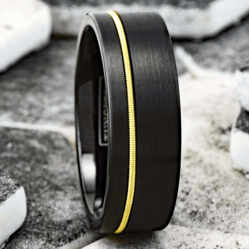 Wedding Band Rings Tungsten Carbide Black Brushed Offset Guitar String Ring for Men - Jewelry Store by Erik Rayo