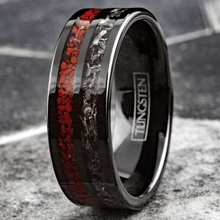 Load image into Gallery viewer, Wedding Band Ring for Men Black Tungsten Carbide Men&#39;s Ring Dinosaur Bone and Meteorite Wedding &amp; Engagement
