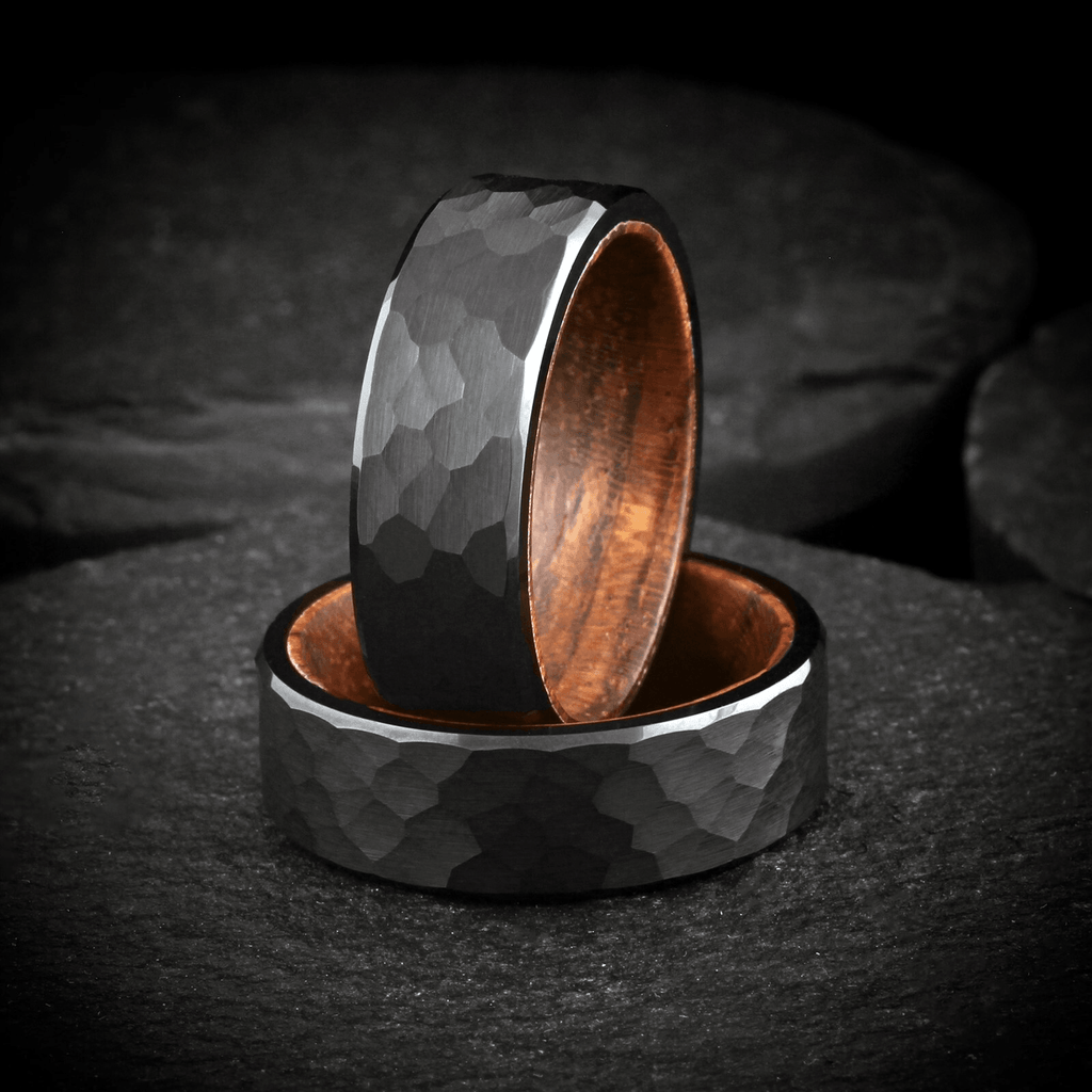 Wedding Band Ring Black Brushed Hammered Tungsten Carbide Ring with Rosewood - Jewelry Store by Erik Rayo