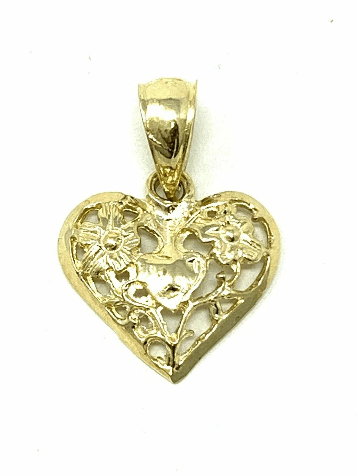 14k Yellow Gold Solid Filigree Heart with Flowers Charm Pendant 0.8 gram - Jewelry Store by Erik Rayo
