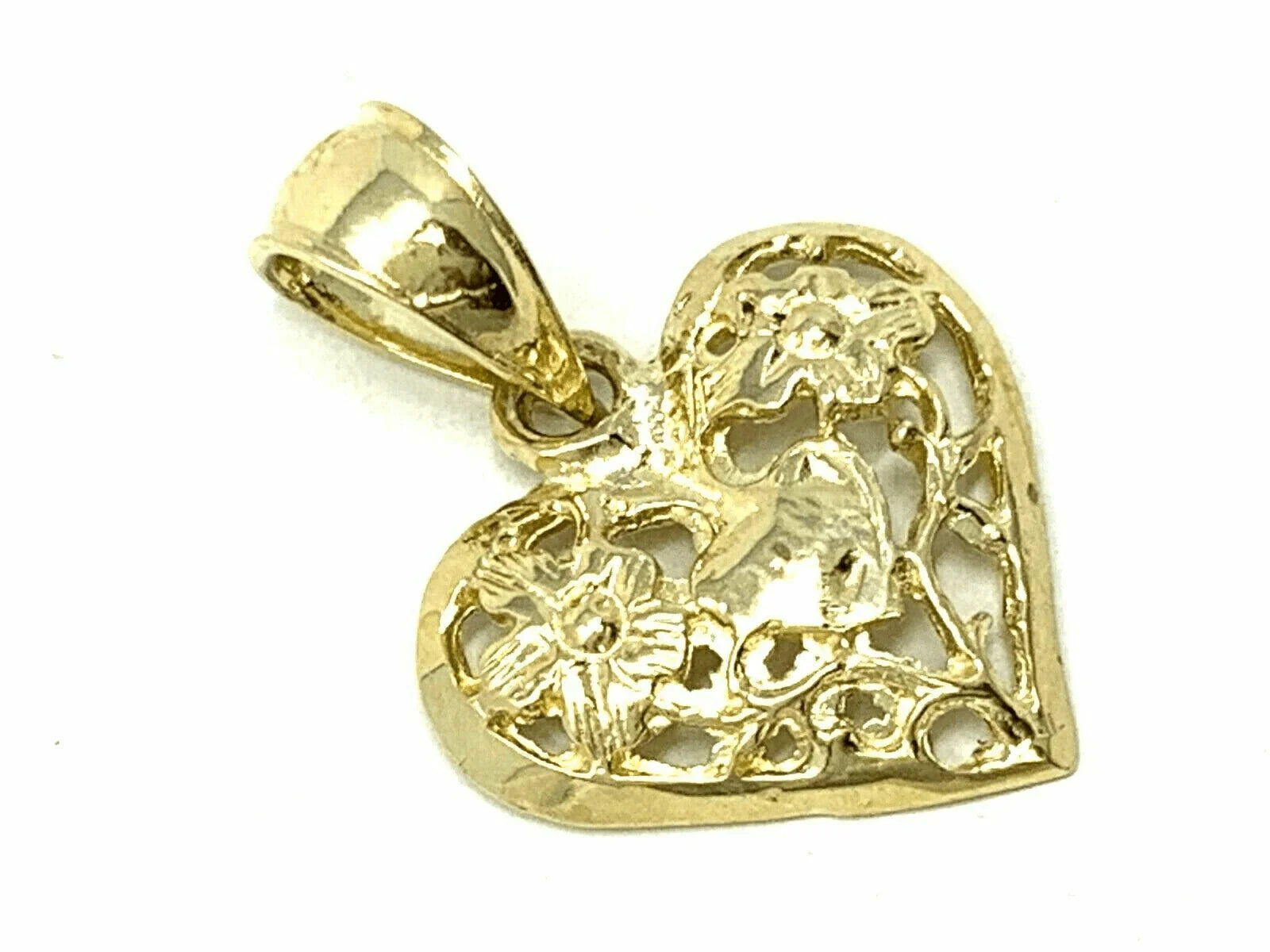 14k Yellow Gold Solid Filigree Heart with Flowers Charm Pendant 0.8 gram - Jewelry Store by Erik Rayo