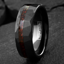 Load image into Gallery viewer, Black Faceted Wedding Band Ring for Men Tungsten Carbide Red Opal Off-Center Stripe
