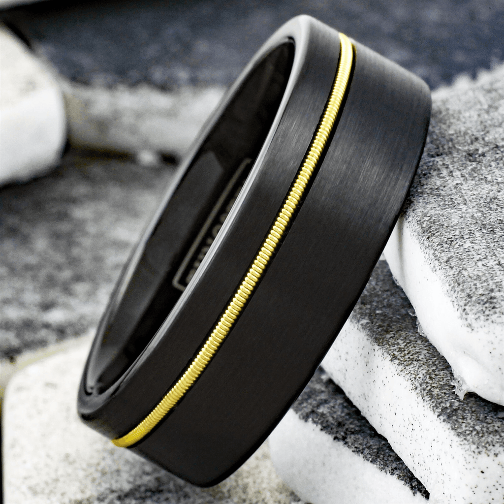 Wedding Band Rings Tungsten Carbide Black Brushed Offset Guitar String Ring for Men - Jewelry Store by Erik Rayo