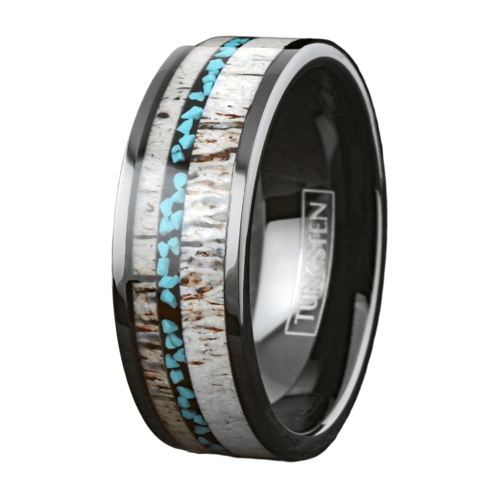 Deer Antler Turquoise Wedding Band Ring for Men Tungsten Carbide Men's Engagement Ring - Jewelry Store by Erik Rayo