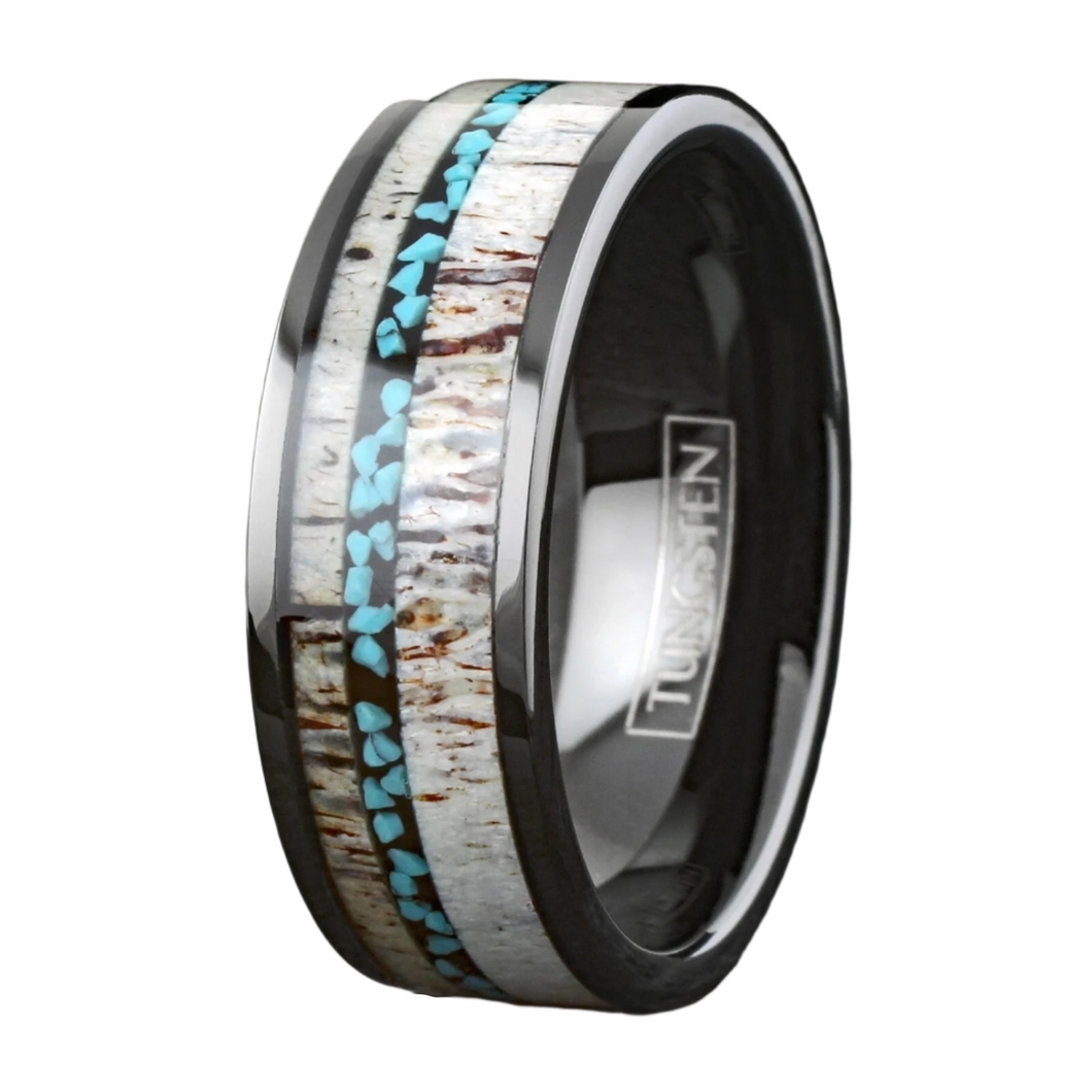 Deer Antler Turquoise Wedding Band Ring for Men Tungsten Carbide Men's Engagement Ring