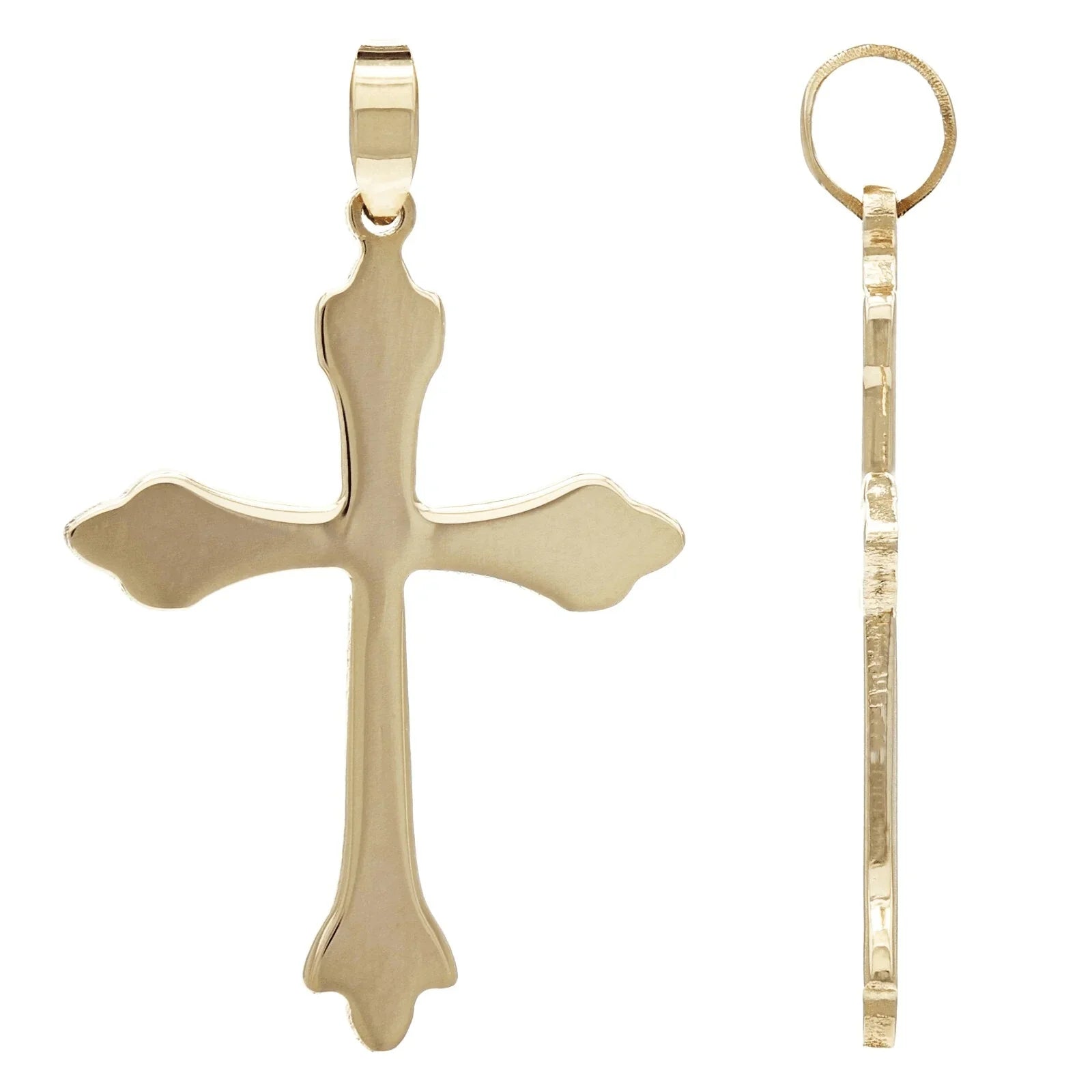 14k Yellow Gold Solid Flat High Polished Fleur De Lis Cross Pendant 1.1" 1.3gram - Jewelry Store by Erik Rayo