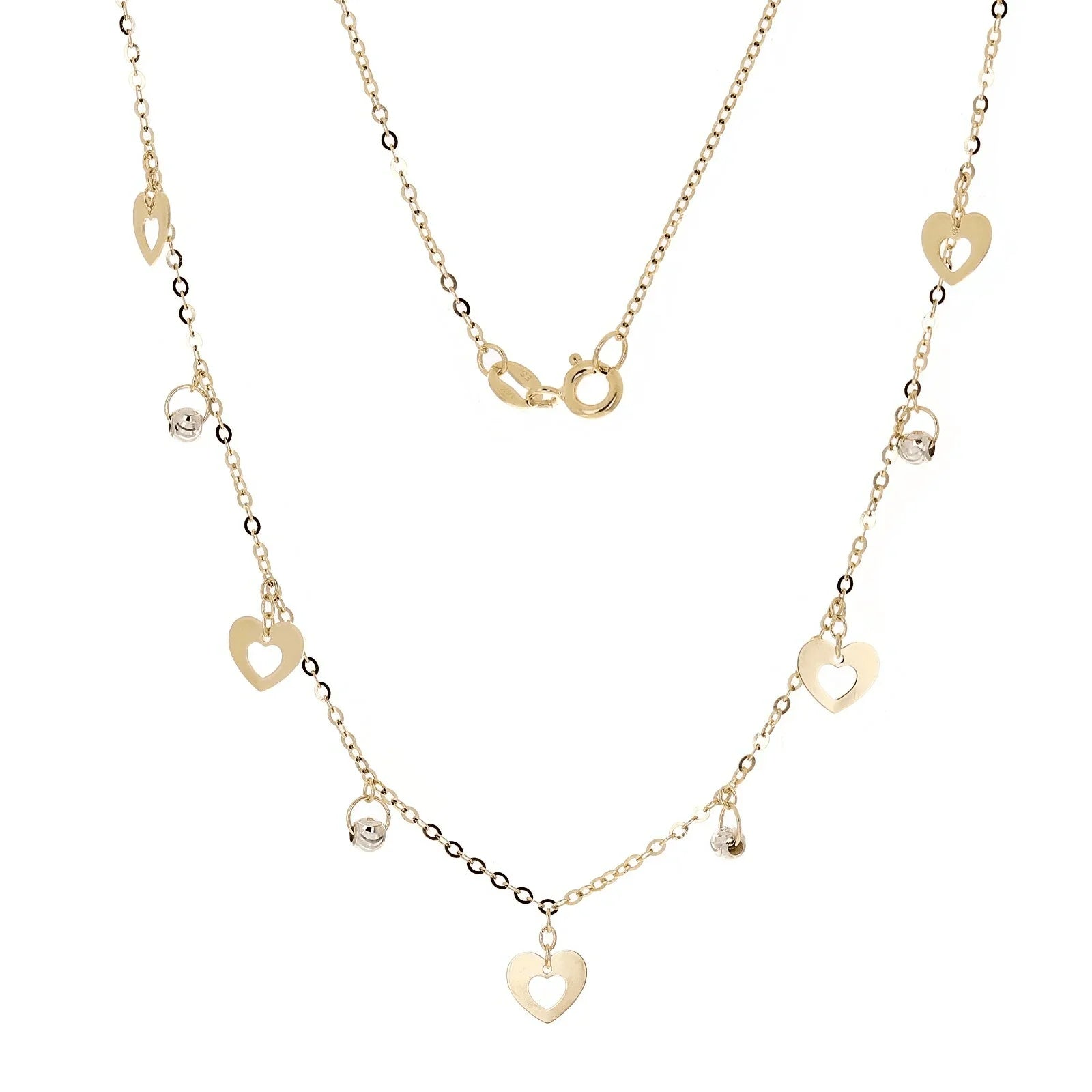 Italian 14k Two Tone Gold Ball Bead & Heart Charm Necklace 16.5" 2.1 grams - Jewelry Store by Erik Rayo