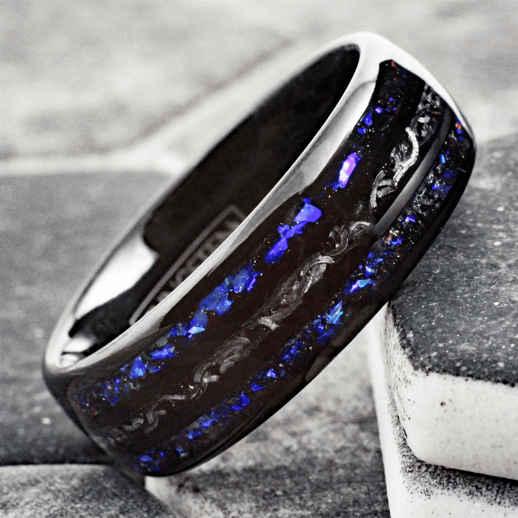Unique Black Meteorite Tungsten Carbide Wedding Band Ring for Men & Women – Blue Sandstone & Meteorite Space Galaxy Design - Jewelry Store by Erik Rayo