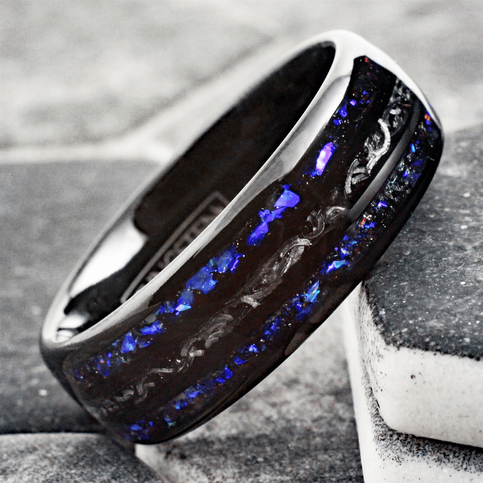 Unique Black Meteorite Tungsten Carbide Wedding Band Ring for Men & Women – Blue Sandstone & Meteorite Space Galaxy Design